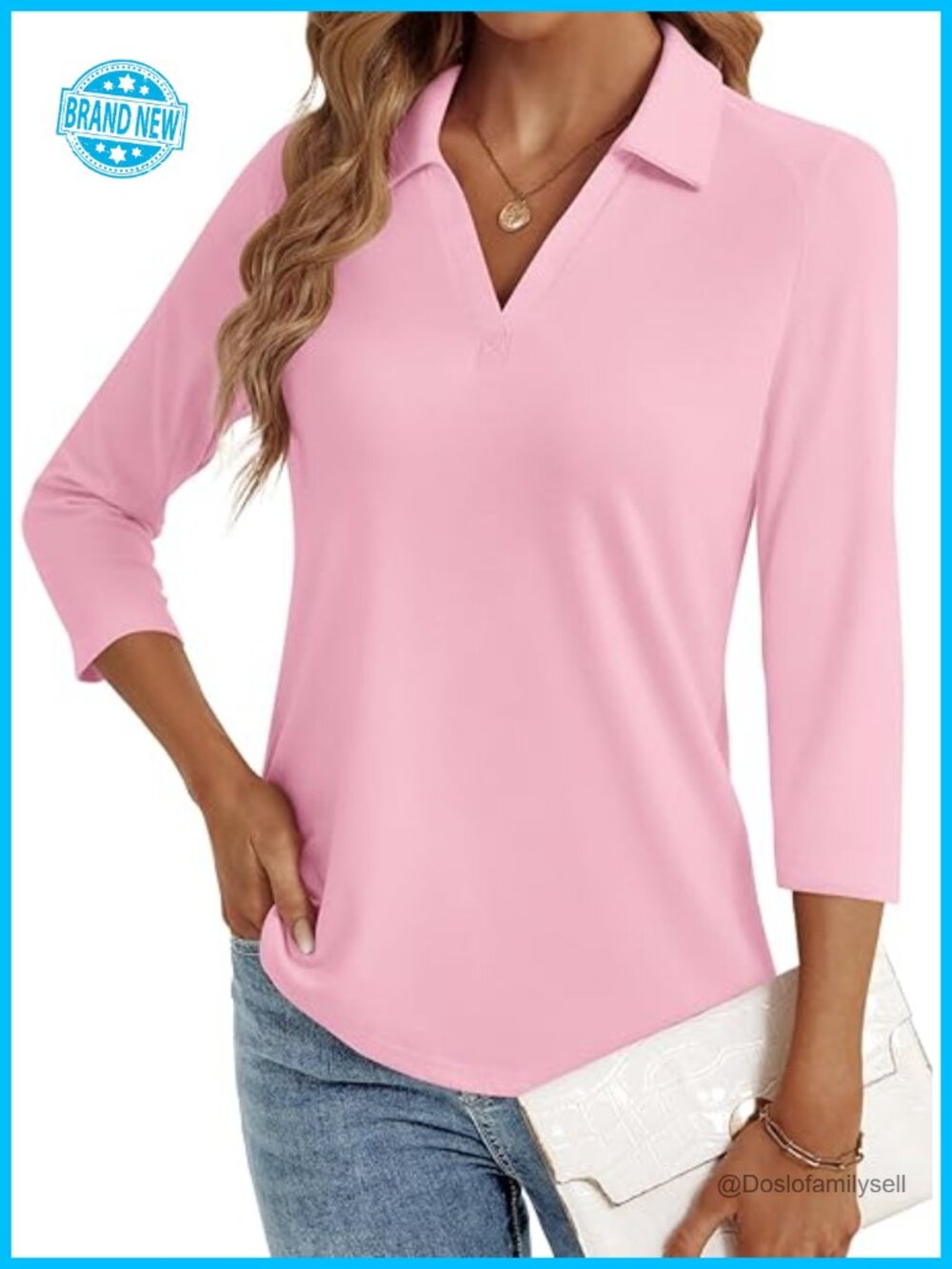 3/4 Length Sleeve V Neck Polo Tunic Top Dressy Casual Business Blouse